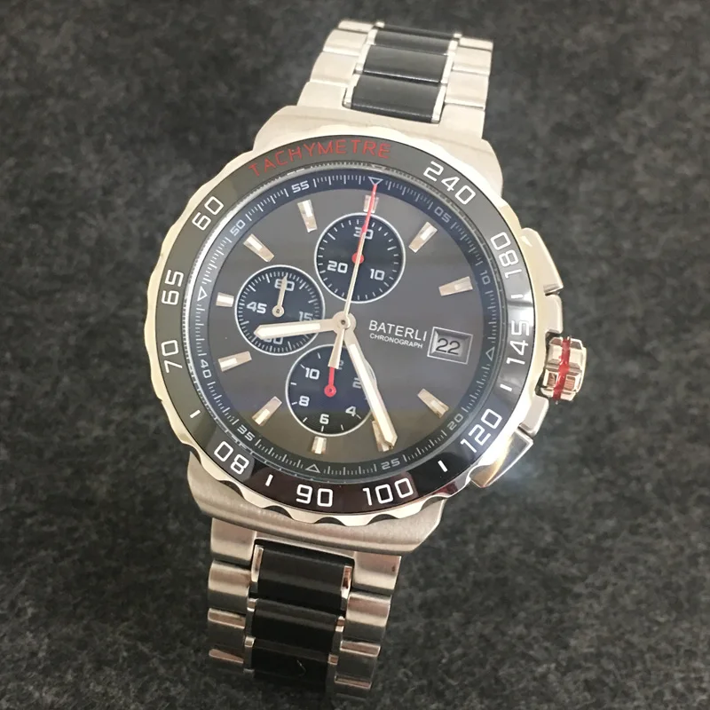 Top Brand Luxury Sports Men Chronograph Watches Black Ceramic Bezel Quartz Watch Stainless Steel Watchband Boys Clock