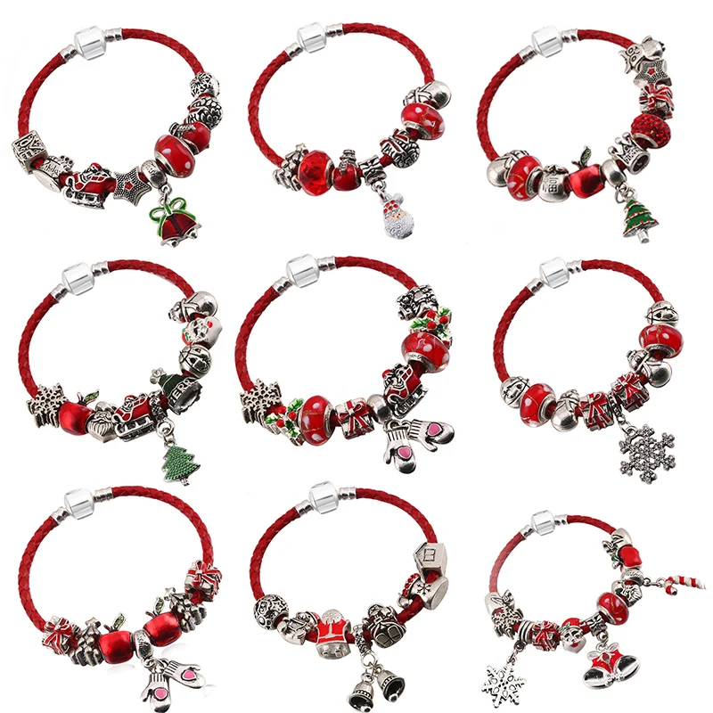 

2019 Christmas Jewelry Charm Bracelets With Santa Claus Christmas Tree Beads Leather Chain Fine Bracelets For Women Kids Gift