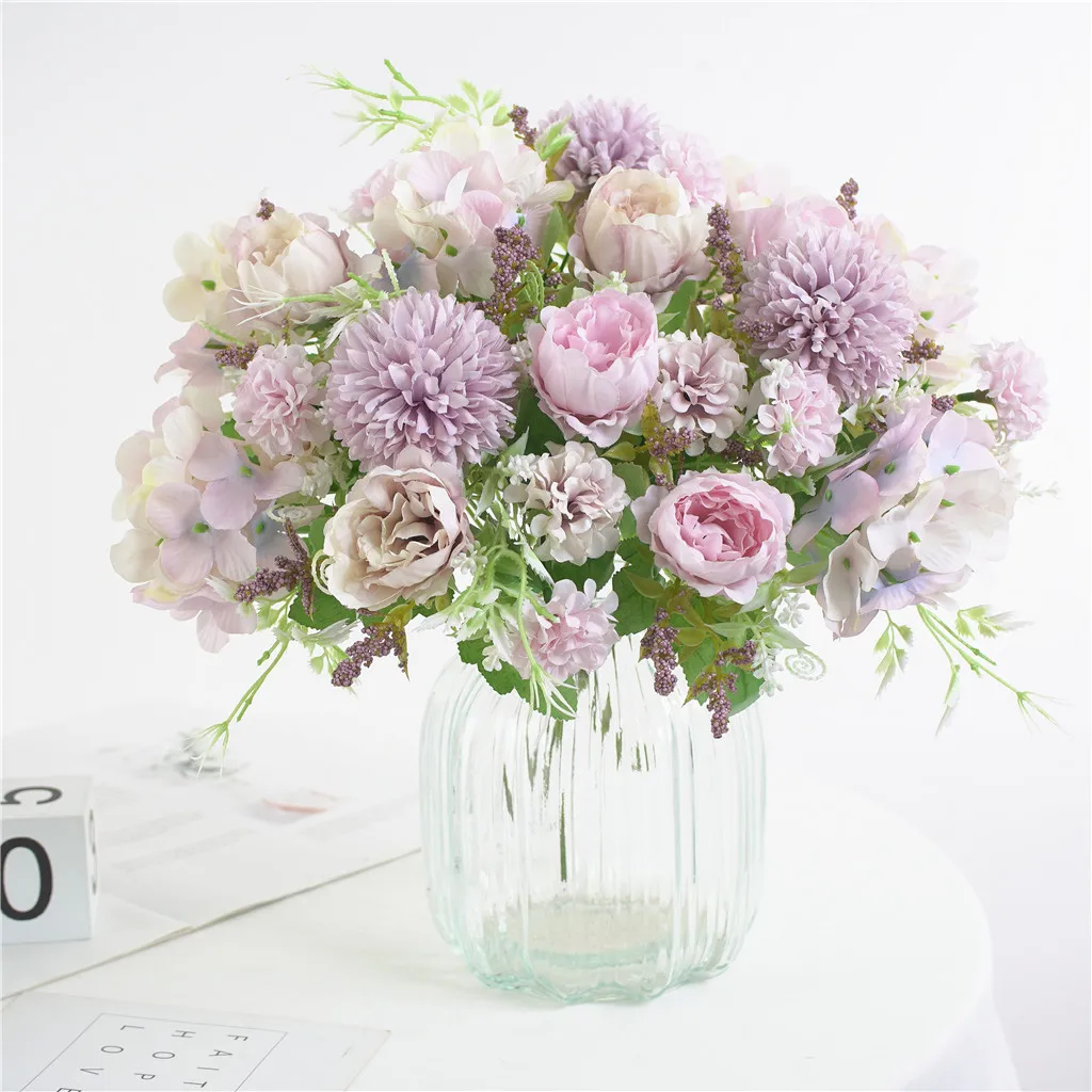 Peonie Artificial Silk Flowers for A Wedding Bridal Vintage Vivid Spike Hydrangea DIY Craft Fake Flowers Bouquet Home Decoration