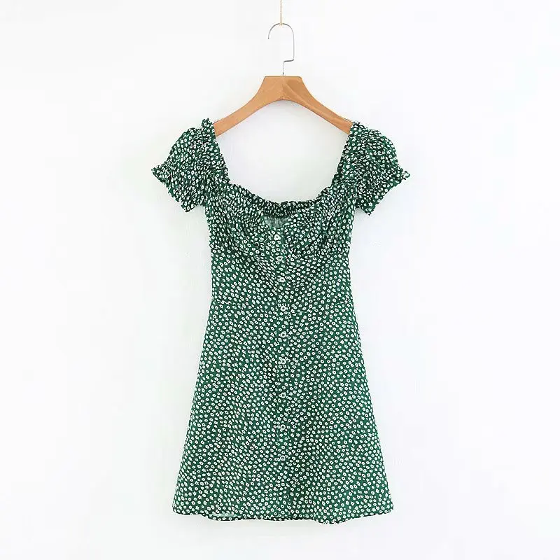 

2018 Spring And Summer Europe And America Women's Dress Green Bottom with Small Flowers Short Dress 8710