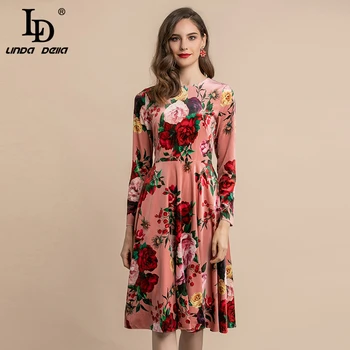 

LD LINDA DELLA Fashion Runway Autumn Winter Velvet Dress Women's Long Sleeve Vintage Floral Print Ruffles Elegant Midi Dress
