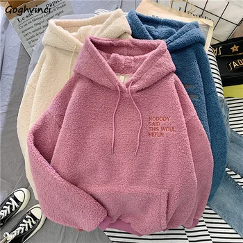 

Hoodies Womens Kawaii Thick Plus Velvet Warm Letter Embroidery Womens Sweatshirt Warm Lovely Front Pocket Harajuku Popular Chic