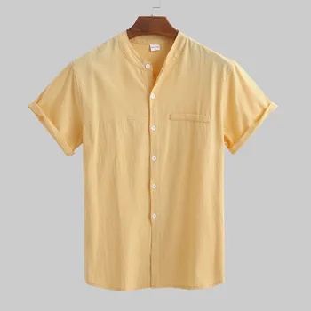 

2020 Shirt Men's Casual Fashion Short Sleeve Solid Button Down Summer Linen Cotton Tee Shirt рубашка мужская