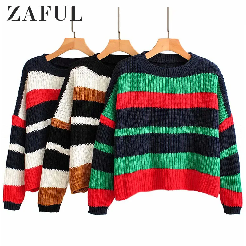 ZAFUL, женский свитер в цветную полоску с вырезом лодочкой и спущенными плечами, свитер с вырезом лодочкой, короткие пуловеры в стиле пэчворк, женские топы на осень