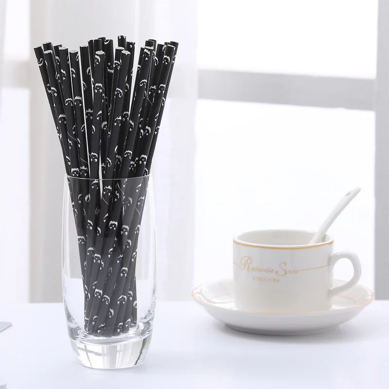 

07-Halloween Black Background White Pumpkin Expression Pattern Whole Person Photographic Prop Straw 25 Pack