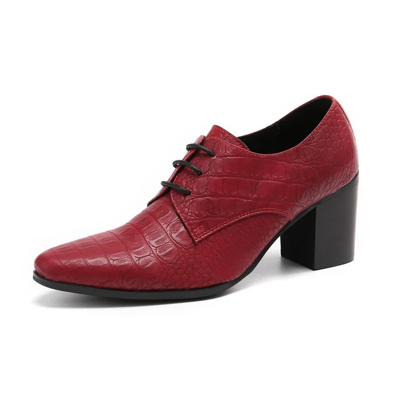 Red Embossed Leather Wedding Dress Shoes Men High Heels Men's Career Work Pointed Toe Lace Up Height Increase Shoes Size 37 46