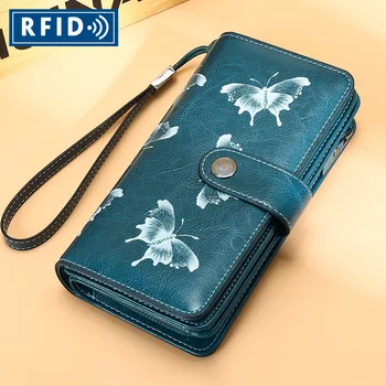 

RFID new soft leather ladies wallet long fashion printing oil wax leather clutch women's multi-card wallet