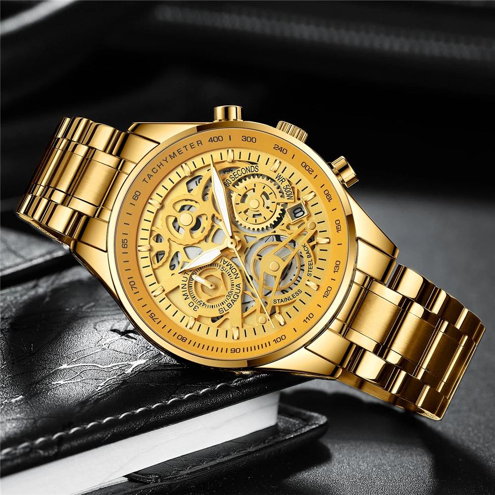 NIBOSI Мужские часы от топ бренда роскошные золотые мужские скелетоны бизнес