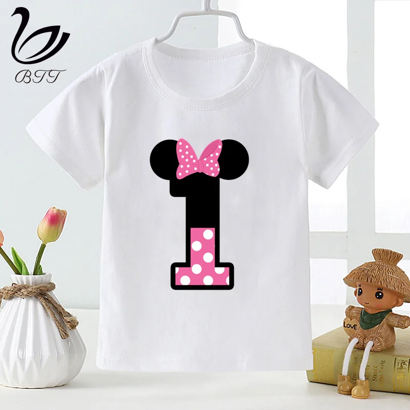 Розовая модная забавная футболка с рисунком мышки из мультфильма «День рождения» и цифрой 1-9 детские летние топы с круглым вырезом, футболки для мальчиков и девочек