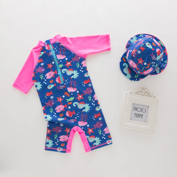 

KID'S Swimwear GIRL'S One-piece Swimming Suit Rose Red School of Fish Long Sleeve Swimwear Children Beach Sun-resistant Hooded 2