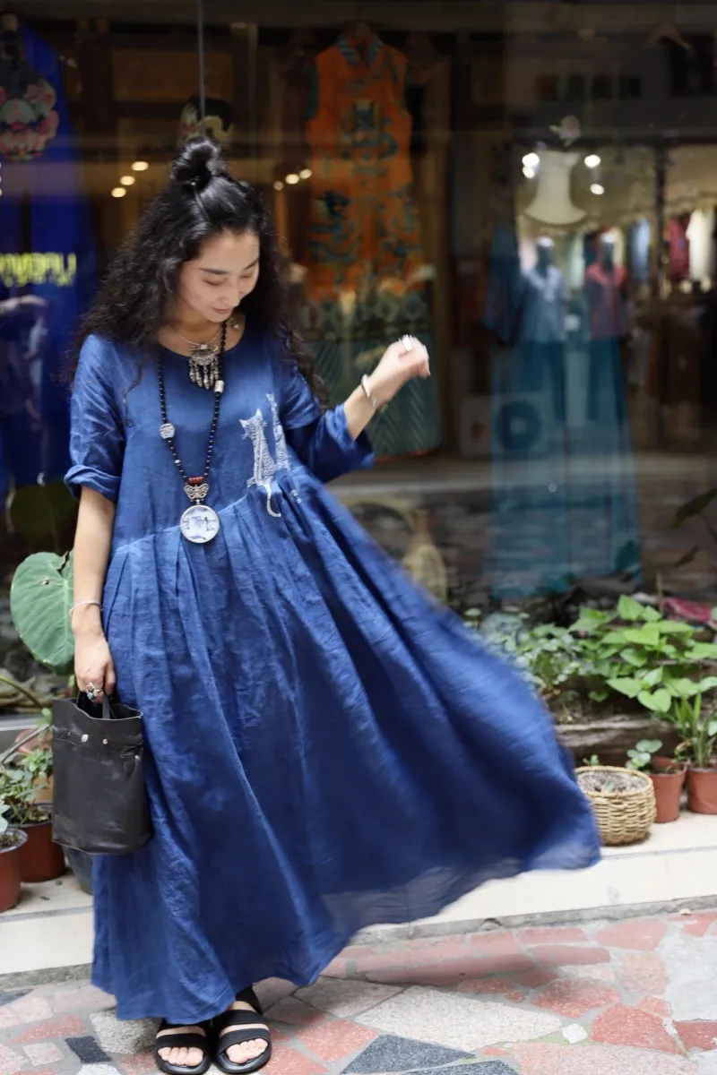 Vintage New Women Top Quality Cotton Linen Maxi Long Dress Ankle Length Handmade Plant Dyeing Kawaii Cat Printed Loose Fit Dress