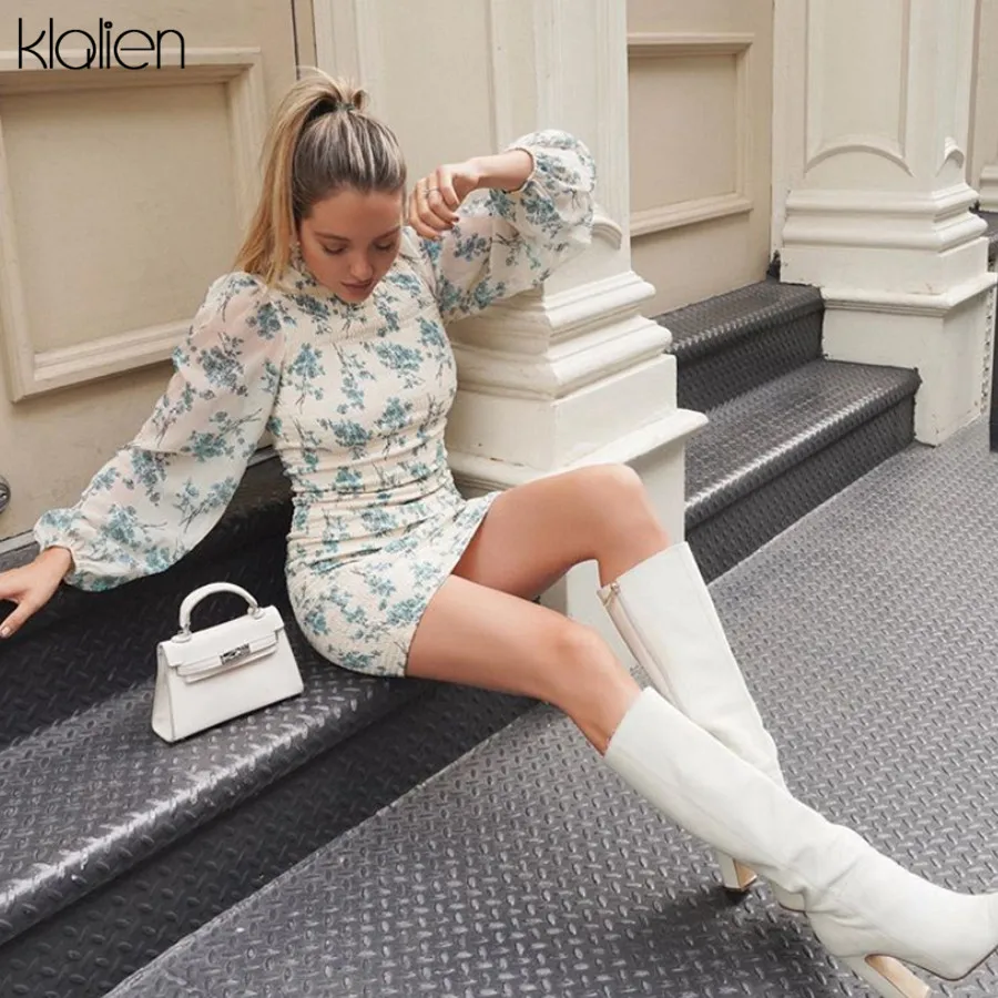 

KLALIEN autumn office lady Bohemia mini dress women full sleeve stretch Slim simple party dress 2019 print casual bodycon dress