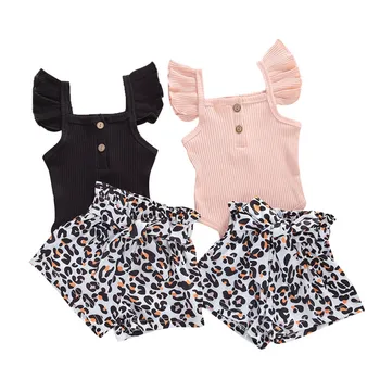 

Fashion 2PCS Newborn Baby Kids Girls U-Neck Fly Sleeve Top + Leopard Print Pants Outfits