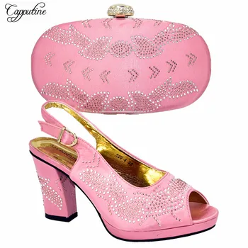 

Popular pink African lady high heel sandal shoes and clutch bag set with rhinestones 528-4 heel height 10cm