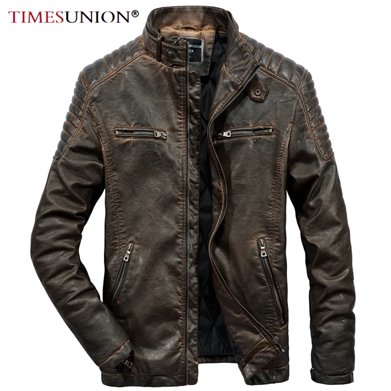 Мужские кожаные куртки мотоциклетные с воротником стойкой и карманами на молнии