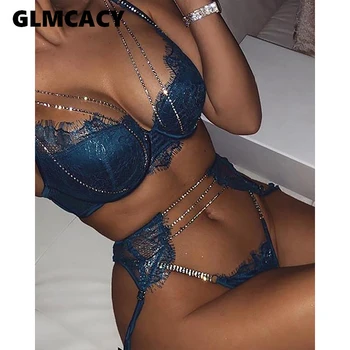 

Women Lace Eyelash Chains Spaghetti Strap Bra Sets Sexy & Club Night Wear Suits