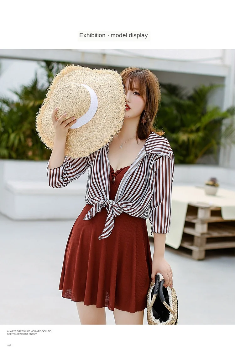 new ladies two-piece swimsuit solid color sling large size one-piece swimsuit Conservative belly protection swimsuit
