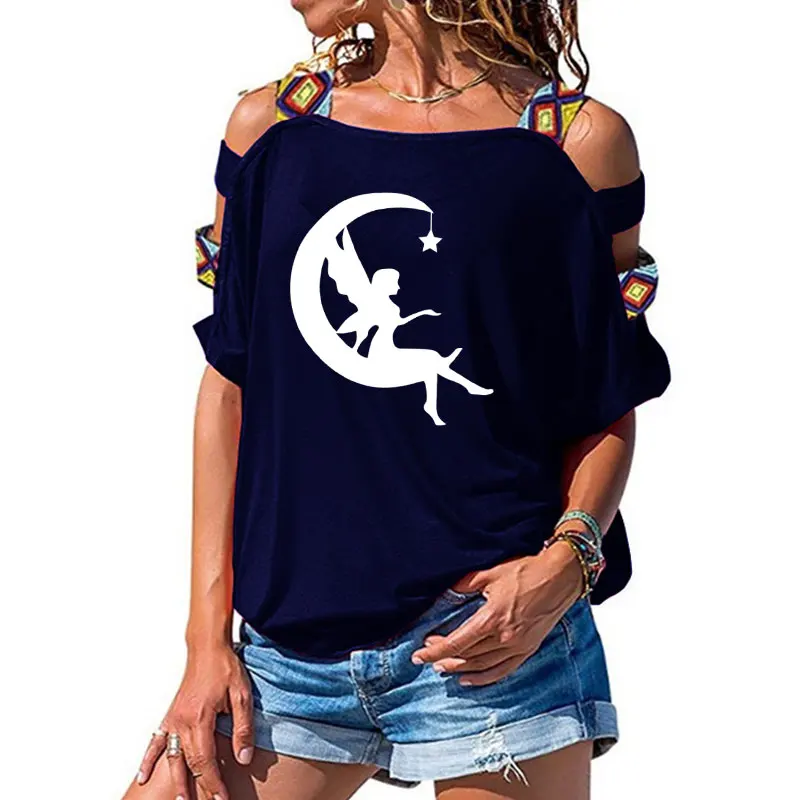 19 Женская одежда, Moon Fairy-Crescent Moon Tee, футболка со звездами, Женский Топ с коротким рукавом, женская сексуальная открытая футболка с открытыми плечами - Цвет: 19