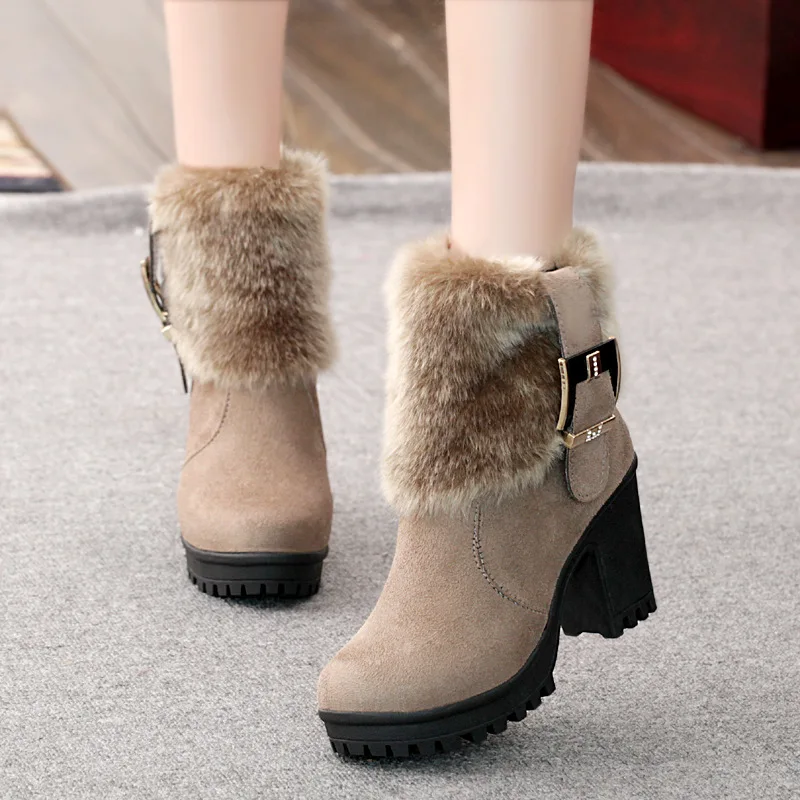 Модная женская зимняя обувь на меху ботинки на высоком каблуке пикантные женские Брендовые ботильоны теплые плюшевые женские зимние ботинки квадратный каблук 7 см A153