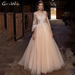 Elegant Flare Sleeve Wedding Dress O-Neck  3/4 Sleeve A-Line Beaded Gorgeous Appliques Backless Bridal Gown Vestidos De Novia