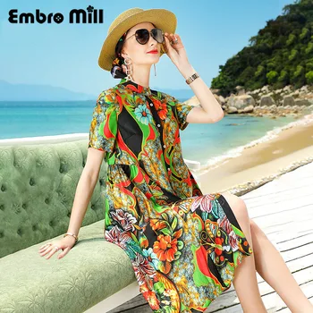 

Silk Print Shirt Dress Female Summer New Beach Style Stand Collar Short Sleeve Single-Breasted Loose A-line Dress S-XL