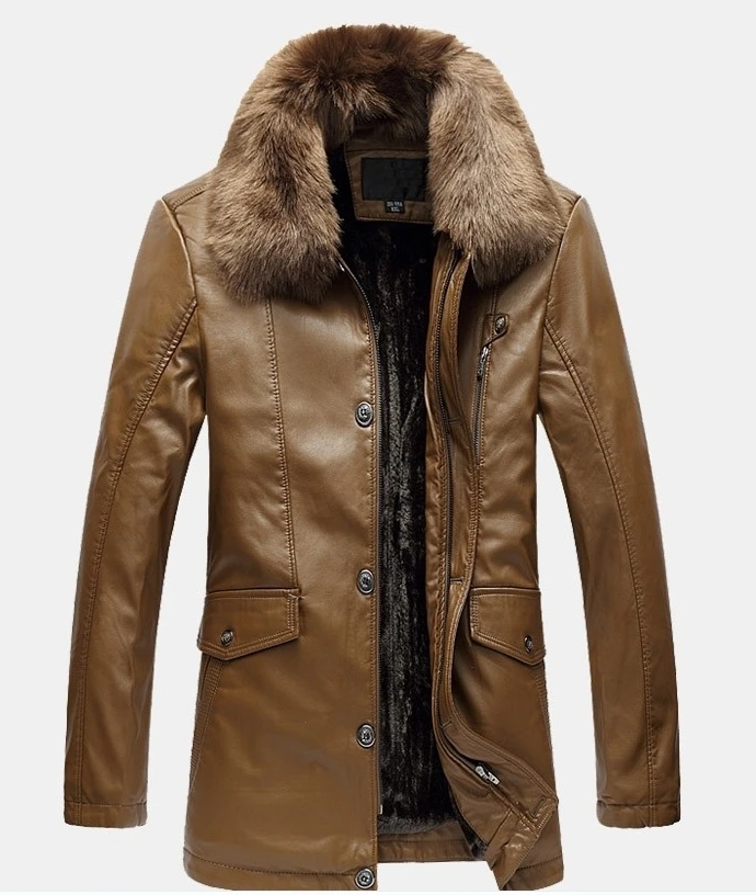 

New Winter Mens Fleece Pu Leather Long Jackets Fur Collar Windproof Straight Thick Coats Men Big Size L-4XL Black Khaki K181