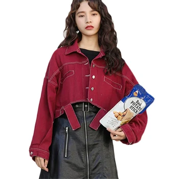 

Spring Autumn New Short Denim Jacket Women's Korean loose retro Jeans coat Women's Hong Kong flavor bf Tooling Jackets Tide F835