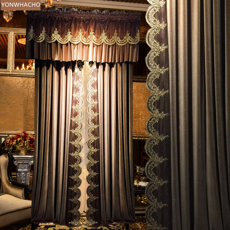 Custom curtains villa golden brown lace side European neo-classical simple cloth blackout curtain valance tulle panel B596