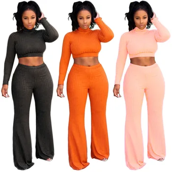 

Autumn Winter Turtleneck Long Sleeve Crop Top Wide Leg Casual Pants Knitted 2 Piece Set Rompers Tracksuit Black Plus Size Outfit