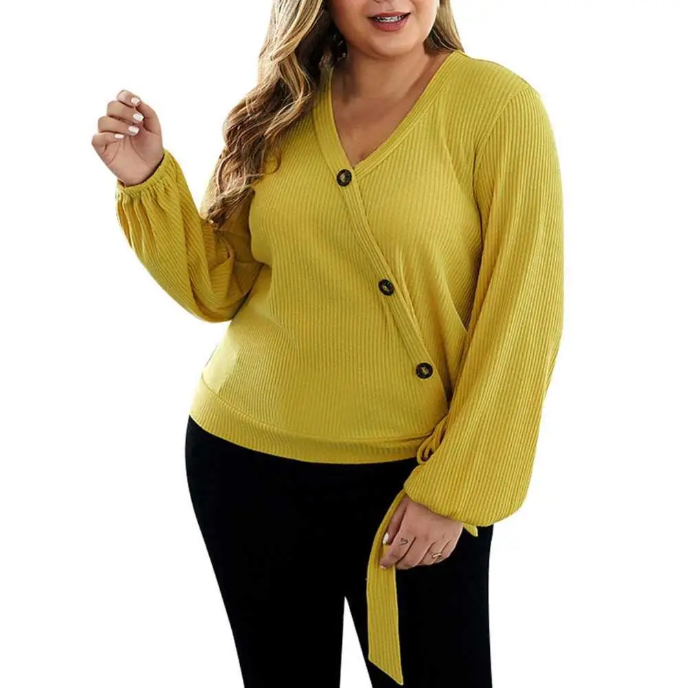 Kureas женский свитер, теплые вязаные топы размера плюс, модная повседневная одежда с v-образным вырезом и рукавами-фонариками для зимы и осени - Цвет: Цвет: желтый