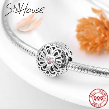 

Fashion charms fit Original European Charm Bracelet 925 Sterling Silver Hollow flowers pink CZ Heart beads for jewelry making