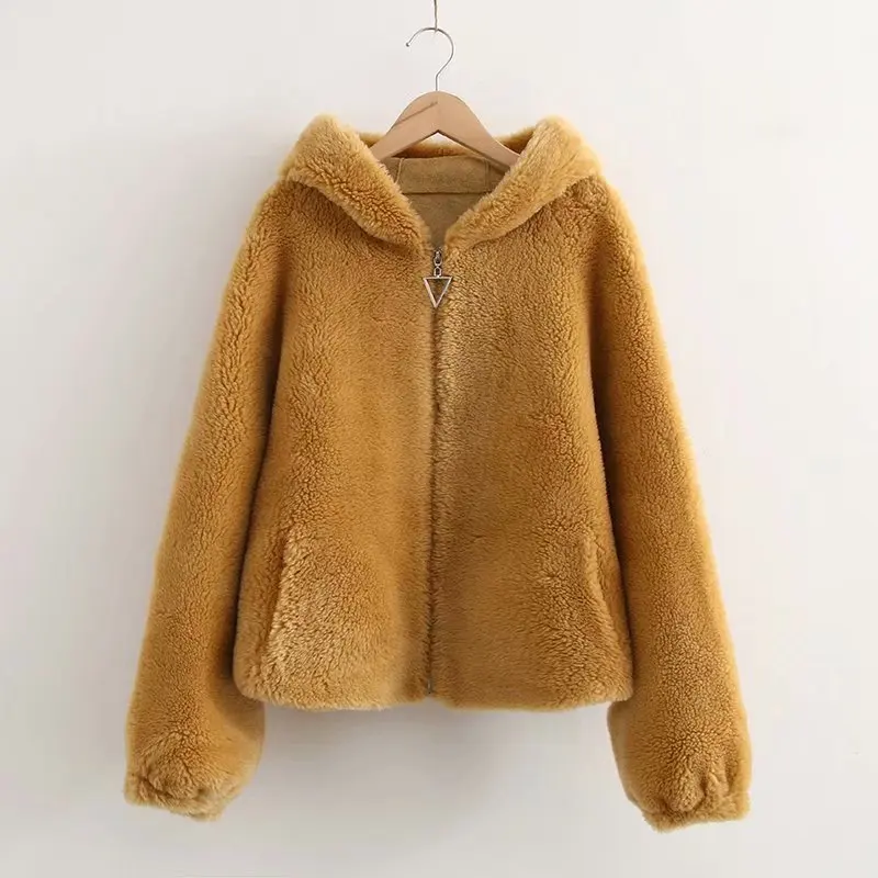 brown yellow Повседневное однотонное Женское пальто с мехом, Осень-зима, новое модное свободное Женское пальто с капюшоном, элегантное женское пальто на молнии с карманами - Цвет: brown yellow