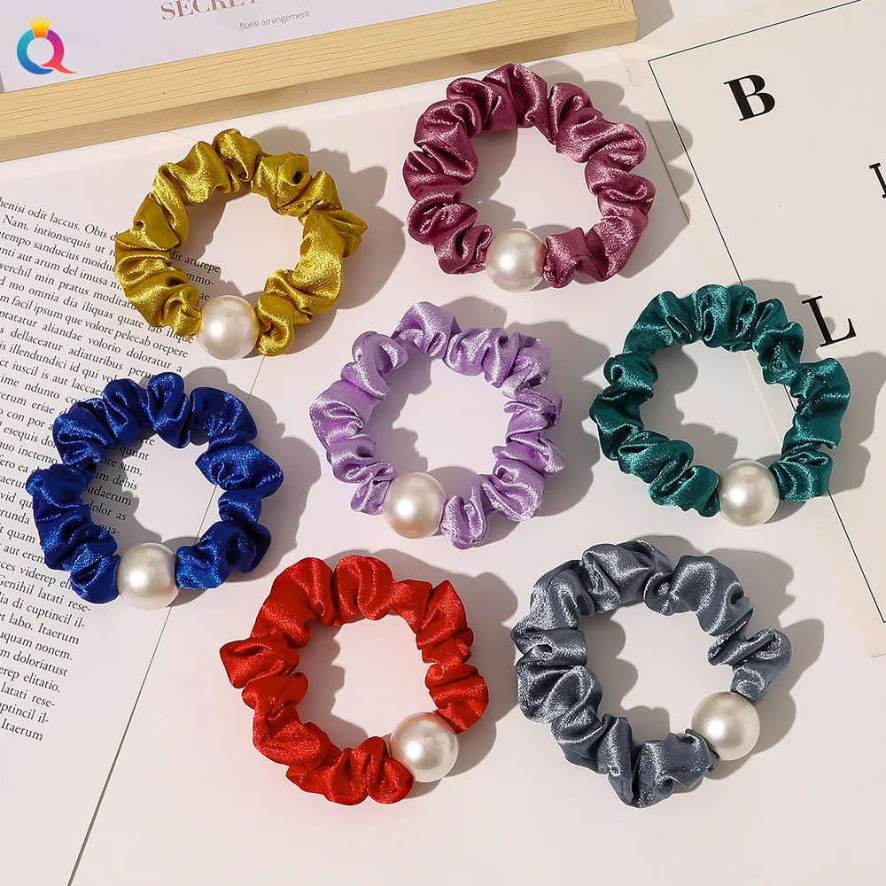 

Hot Sales Women Hairband Elastic Hair Band Rubber Headband Satin Scrunchie With Pearl For Women hair accessories QY123045