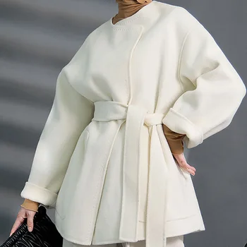 

LANMREM fashion high quality 2020 autumn new coat women's double-sided woolen coat mid-length lace-up flare waist coat 2A899