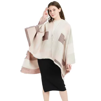 

2019 Europe and the United States fall/winter pink Jacquard Plaid split shawl cashmere scarf ladies fashion cloak