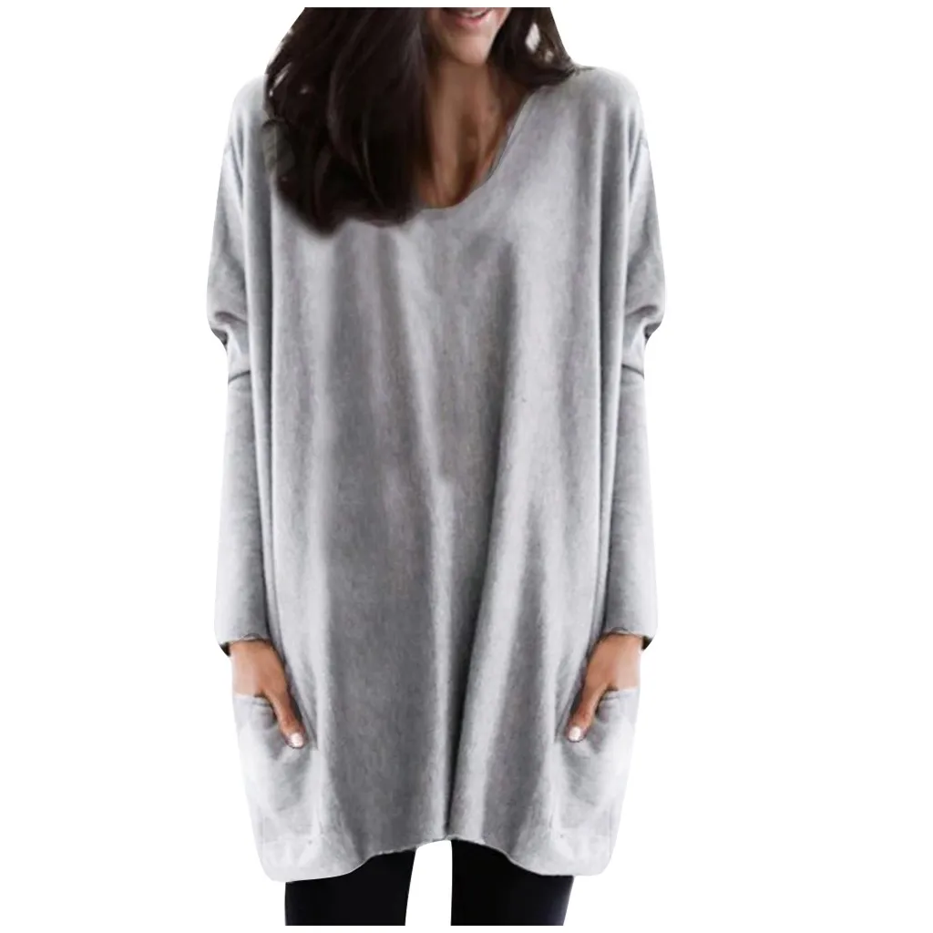Женский пуловер, топы, однотонный, теплый, длинный рукав, v-образный вырез, свитер, Свободная блуза с принтом, grande Tail femme blusas mujer de moda - Цвет: Серый