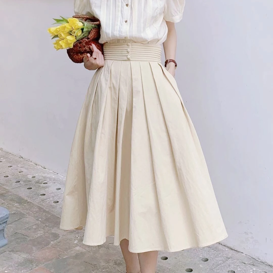 French white high waist A-line  skirt Solid Ankle-Length Natural WOMEN Casual COTTON silk long skirt  clothes