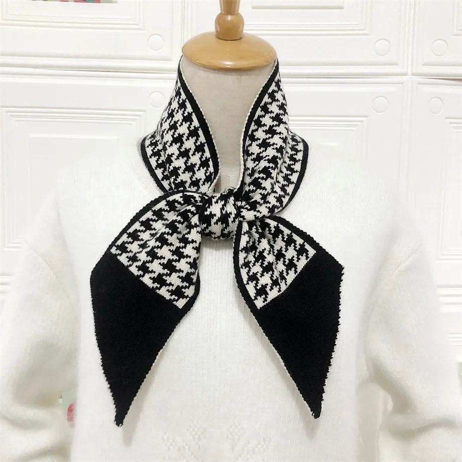 Роскошный брендовый вязаный шарф в клетку с узором «гусиная лапка», новинка, женский зимний шарф, длинный узкий маленький шарф, женский шейный платок - Цвет: Black