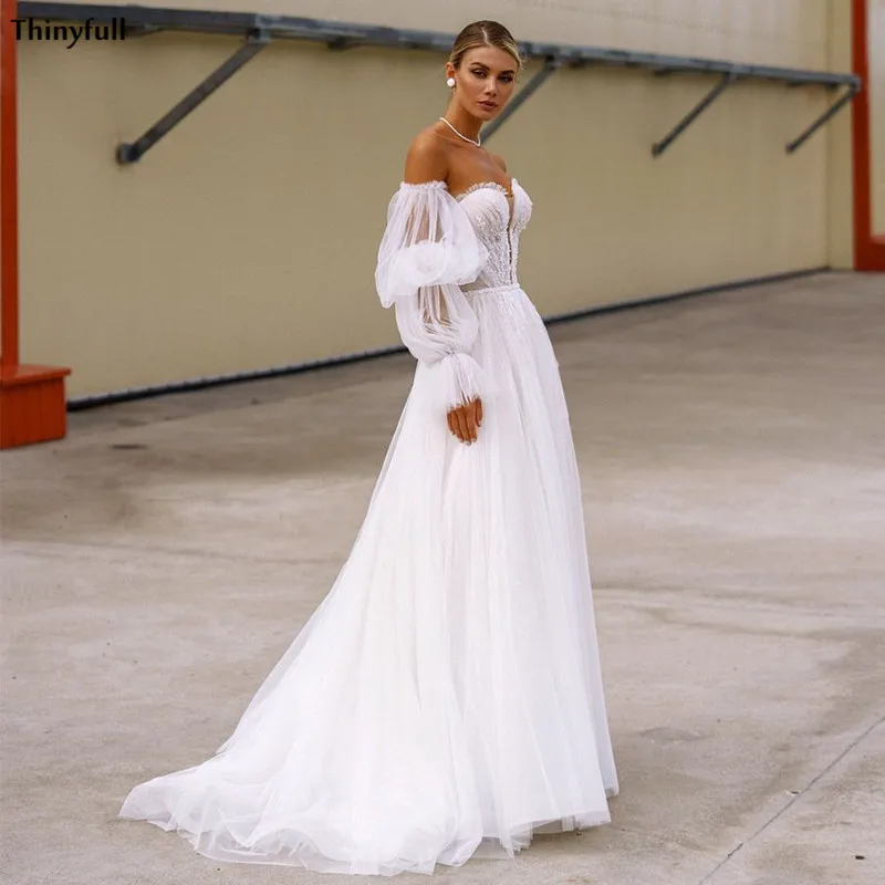 

Thinyfull Charming Sweetheart Boho Wedding Dresses Lace Appliques Detachable Long Puffy Sleeves A-Line Beach Bridal Gowns 2021