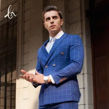 Клетчатые двухкомпонентные мужские костюмы, синие двубортные мужские костюмы, женихов, мужские свадебные костюмы, приталенные