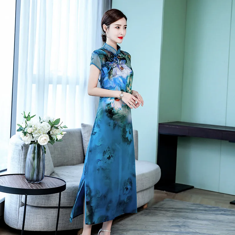 

Faux Silk Dress Women's 2019 New Style Summer Hangzhou Silk Crepe-de-chine Improved Cheongsam New Chinese-style Mulberry Silk
