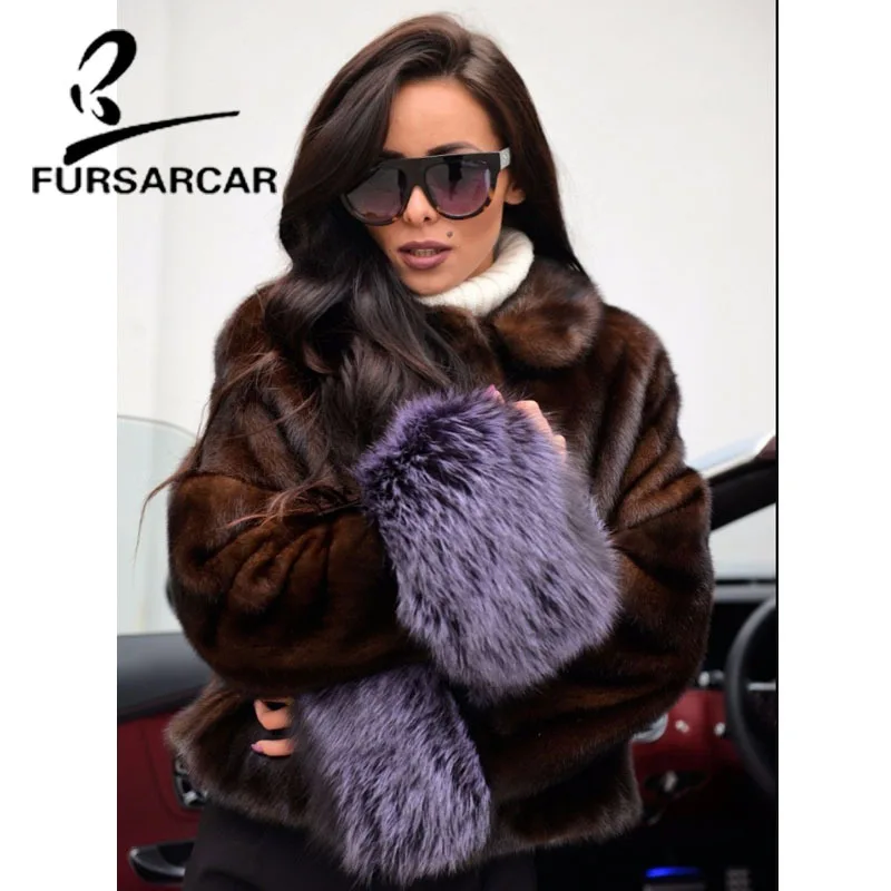 FURSARCAR Новый реального норки пальто Для женщин Зимние Оригинальные Кожаная куртка с Лисий Мех Манжеты Женская мода Короткие норки Верхняя