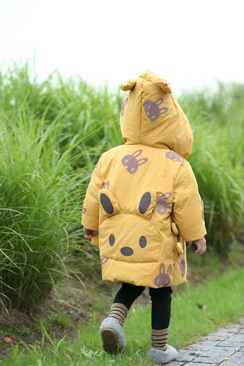 Winter Jackets Girls Rabbit Ear Hooded Patchwork Cartoon Thicken Warm Parkas 90% White Duck Down Coat For 4-10 Years Clothes