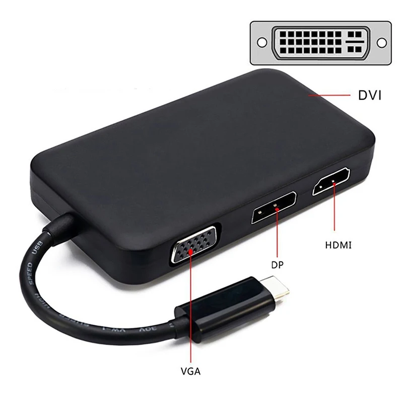 4-в-1 USB-C к VGA, HDMI, DVI DP Hub адаптер для ПК ноутбук Тетрадь TU-магазин