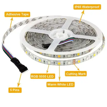 

16.4ft RGBW LED Strip Light RGB Color Changing Rope Lighting with Warm White 3500K Color 300leds 5050 Tape Light jk