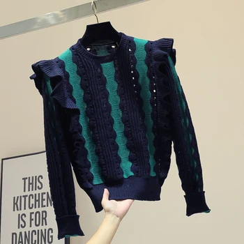 

Striped Sweater Women's Sweaters Loose-Fit New Winter Ruffle Sweater Veste Femme Sweter Short Knitwear Nancylim