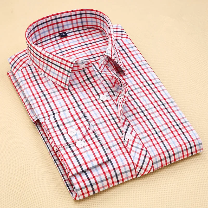 2019 Spring Autumn Long Sleeve Small Plaid Pattern Casua Mens Dress Shirts Slim Fit Cotton Business Fashion Shirt 6XL AB128 | Мужская