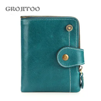 

GROJITOO rfid women's wallet genuine leather short wallet wax cowhide zipper bag genuine leather wallet