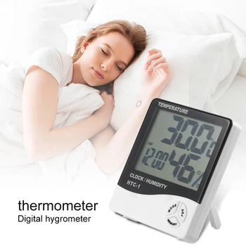

Digital Indoor Hygrometer Thermometers w/ Alarm Clock HTC-1 Desktop Wall Mounted for Household Bedroom Decoration