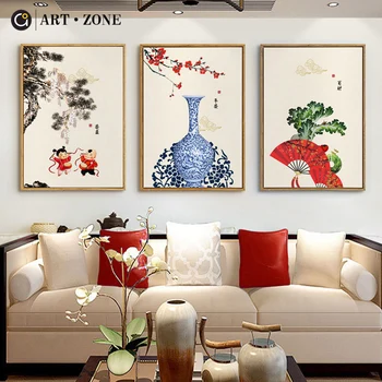 

ART ZONE Chinese style Porcelain Fan Landscape Ink HD Painting prints Wall Art Canvas posters Artwork Living Room bedroom decor